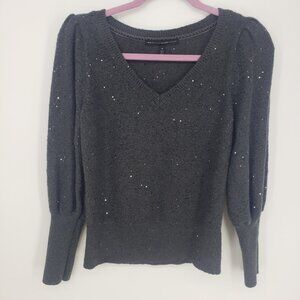 White House Black Market Sequin Embellished Puff Sleeve Sweater M V Neck  Gray